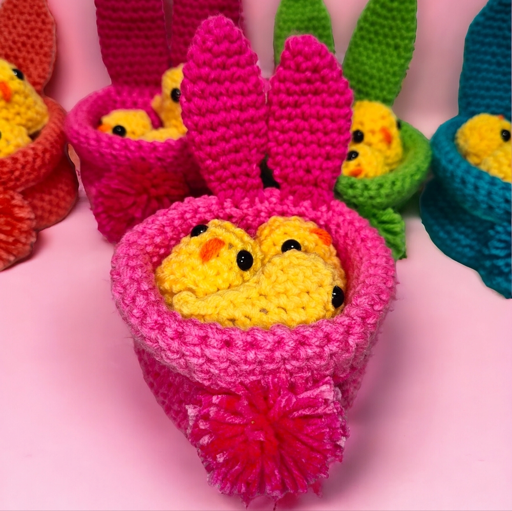 Handmade Crochet Easter Bunny Basket with Chickadees Set